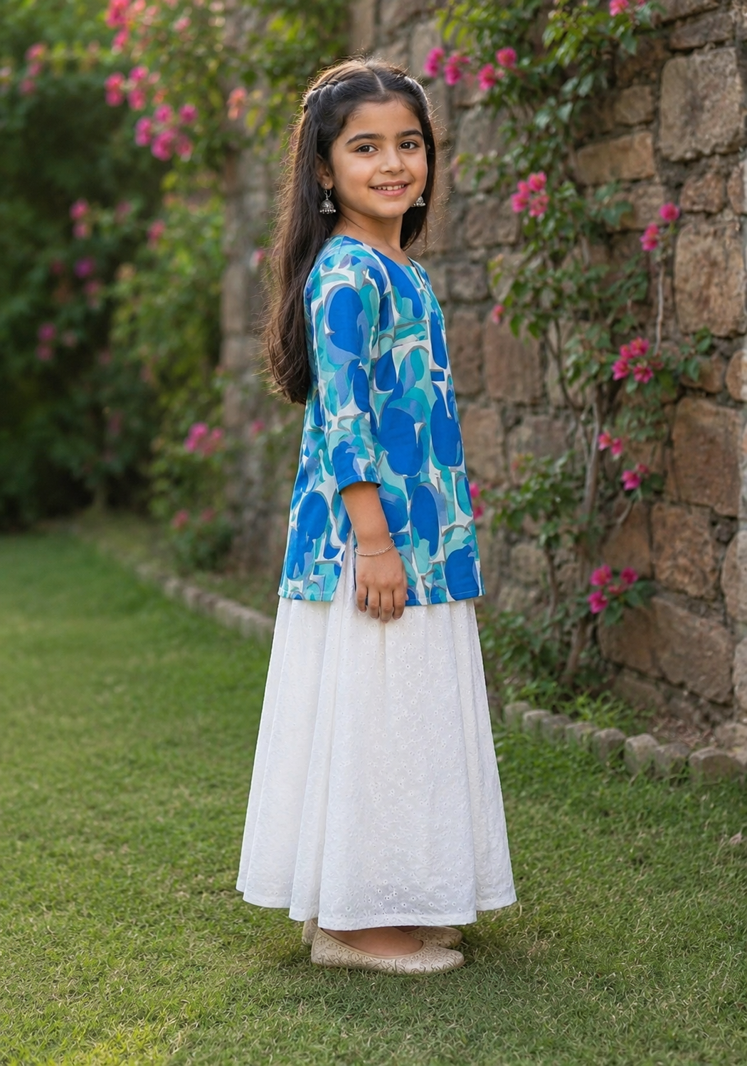 Girl's Blue & Teal Abstract Printed Kurta with White Eyelet Skirt Set