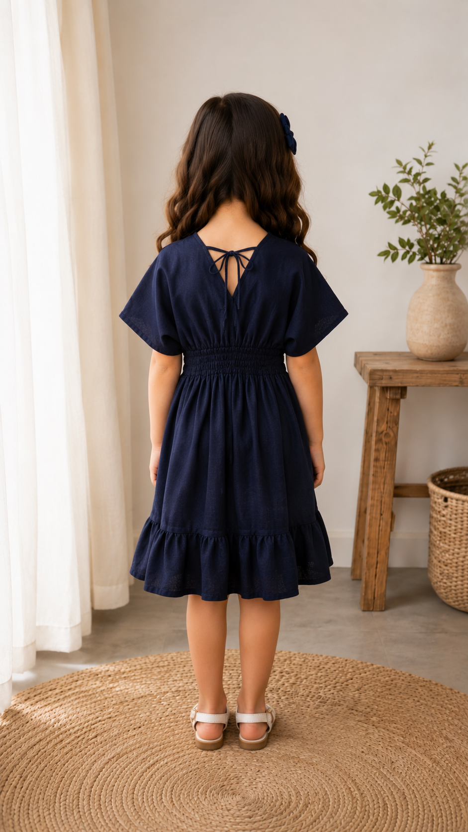 Baby Girls Solid Navy Blue Smocked Waist Tassel Tie-Up Flared Dress