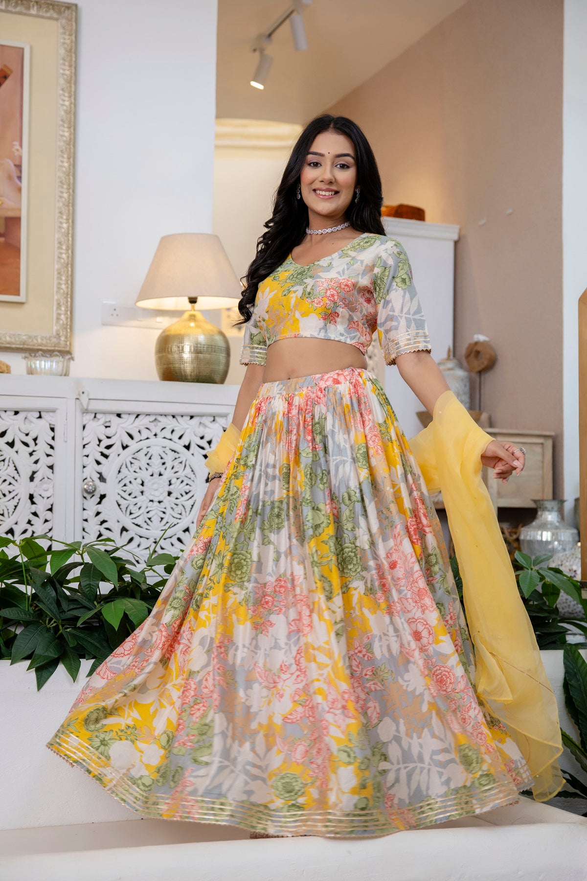 Aawari Chanderi Printed Colorblocked Lehenga Choli