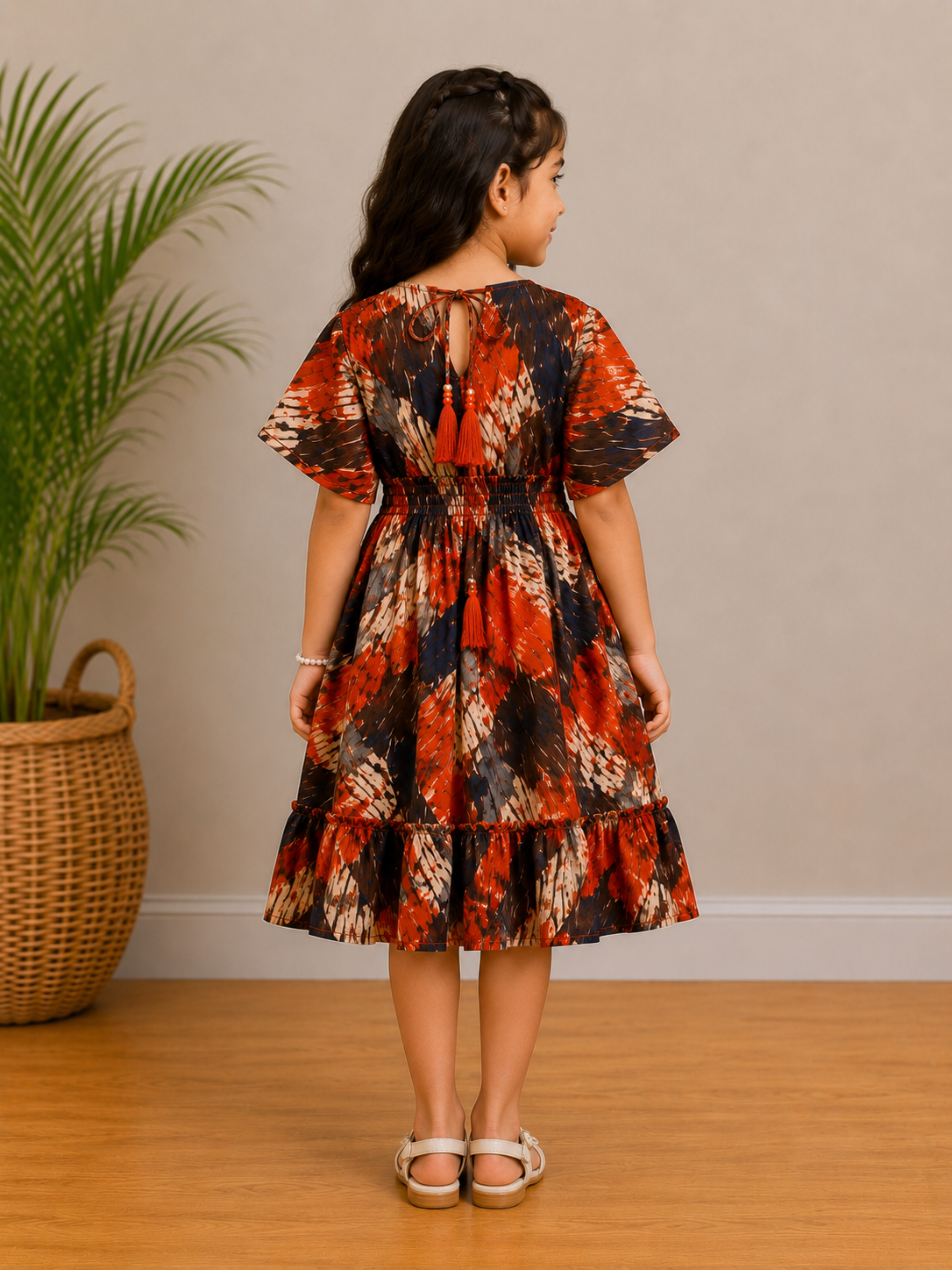 Baby Girls Rust Abstract Printed Smocked Waist Flared Midi Dress