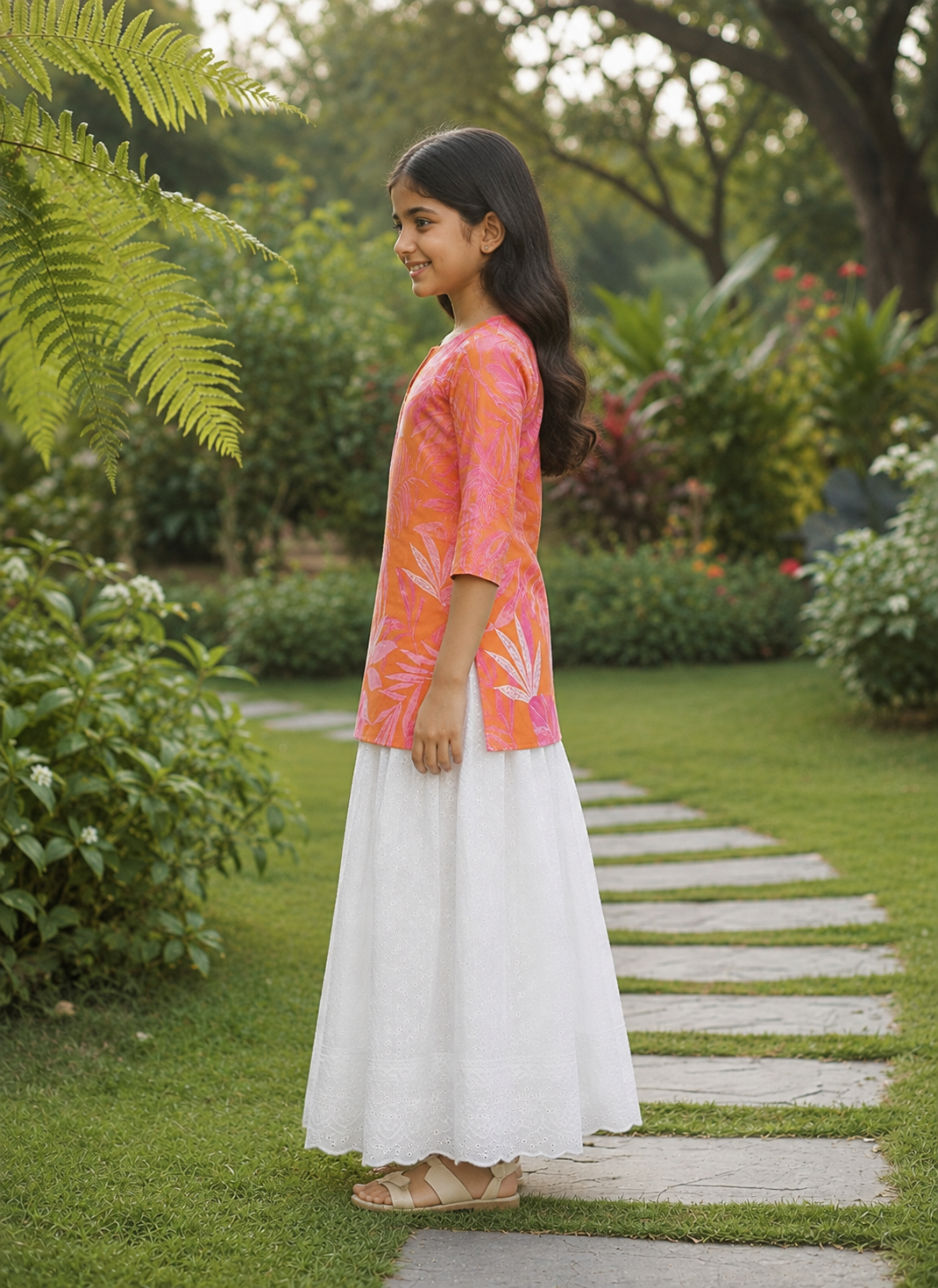 Girl's Peach Orange Floral Printed Kurta with White Flared Skirt Set