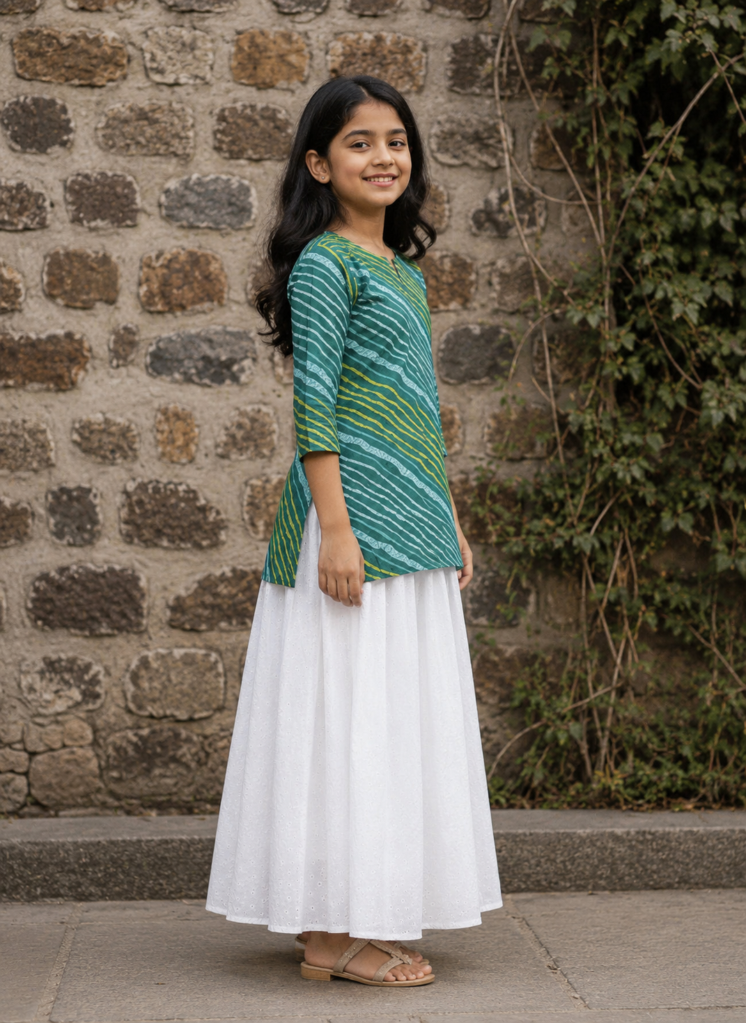 Girl's Teal Green Striped Printed Kurta with White Eyelet Flared Skirt Set