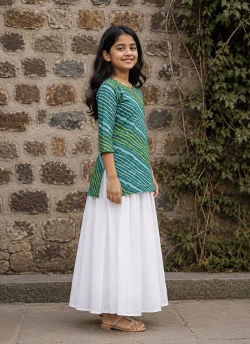 Girl's Teal Green Striped Printed Kurta with White Eyelet Flared Skirt Set