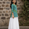 Girl's Teal Green Striped Printed Kurta with White Eyelet Flared Skirt Set