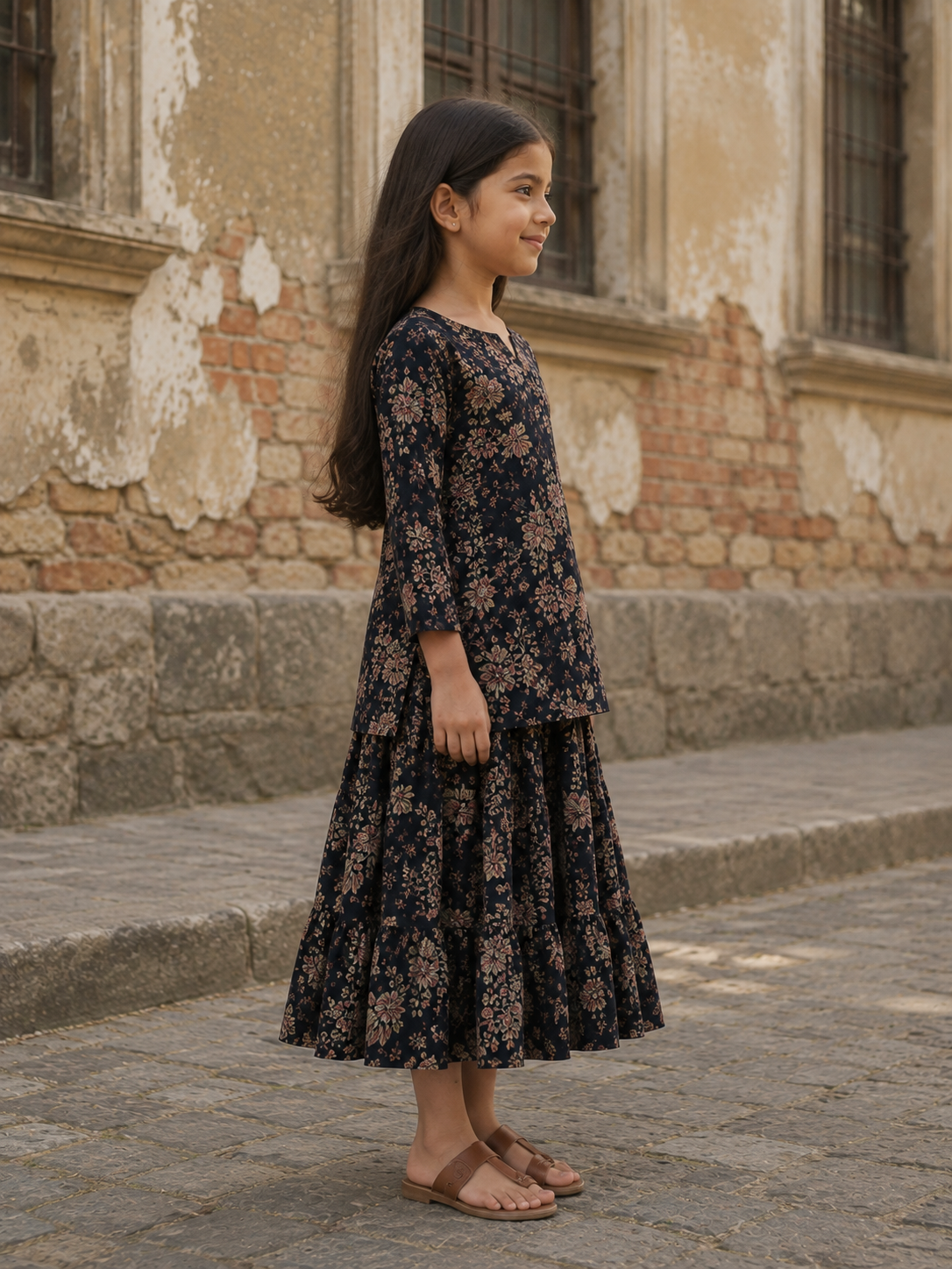 Girl's Black Floral Printed Kurta with Matching Flared Palazzo Skirt Set