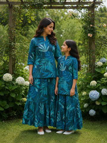 Mom & Daughter Teal Blue Tropical Leaf Printed Kurta & Tiered Skirt Matching Co-ord Set