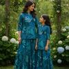 Mom & Daughter Teal Blue Tropical Leaf Printed Kurta & Tiered Skirt Matching Co-ord Set