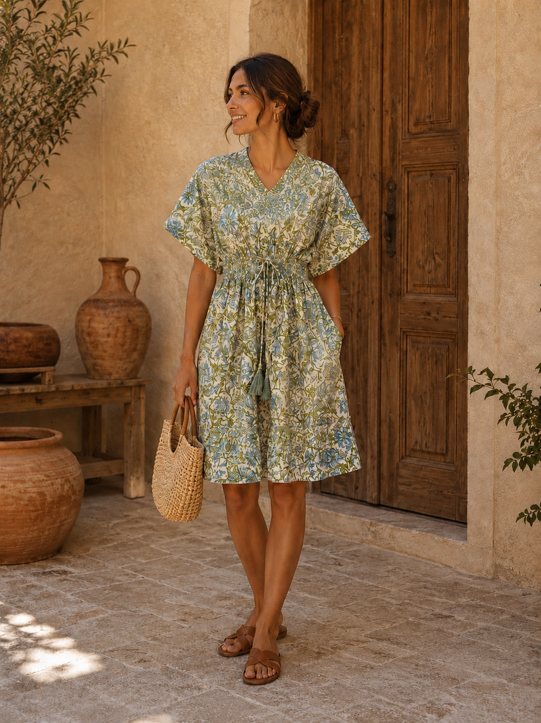 Women’s Sage Green Floral Printed Smocked Waist Midi Dress