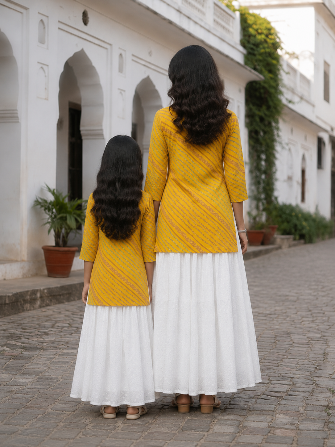 Mom & Daughter Mustard Yellow Printed Kurta with White Flared Skirt Set
