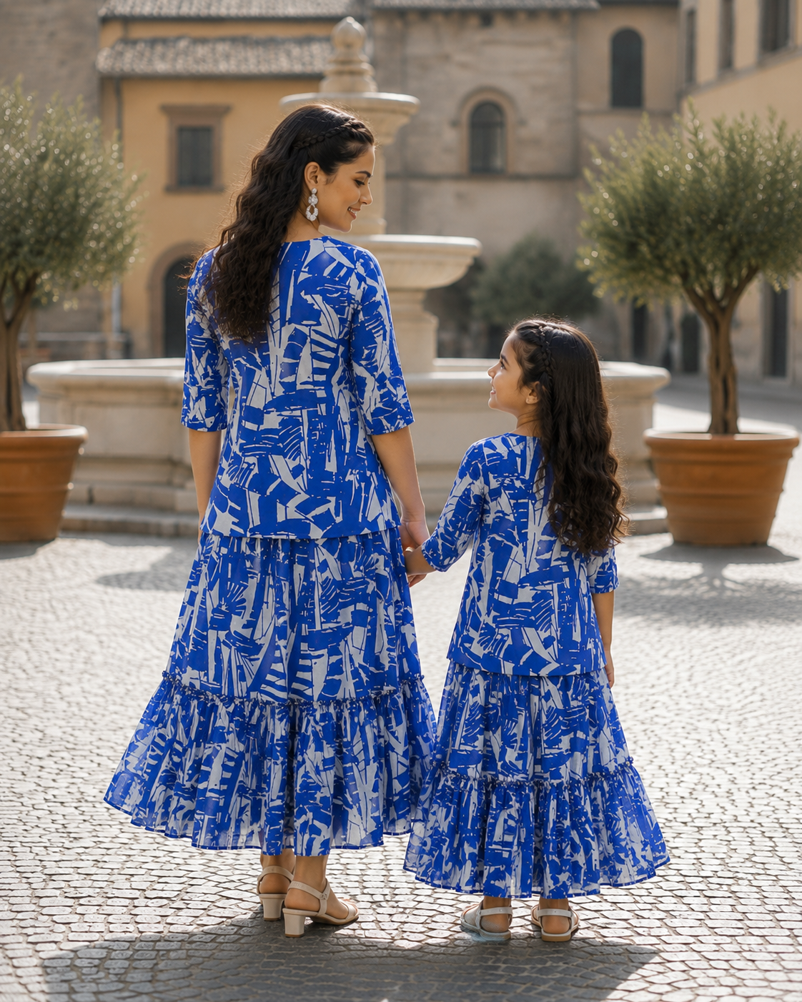 Mom & Daughter Blue Printed Kurta & Tiered Skirt Matching Co-ord Set