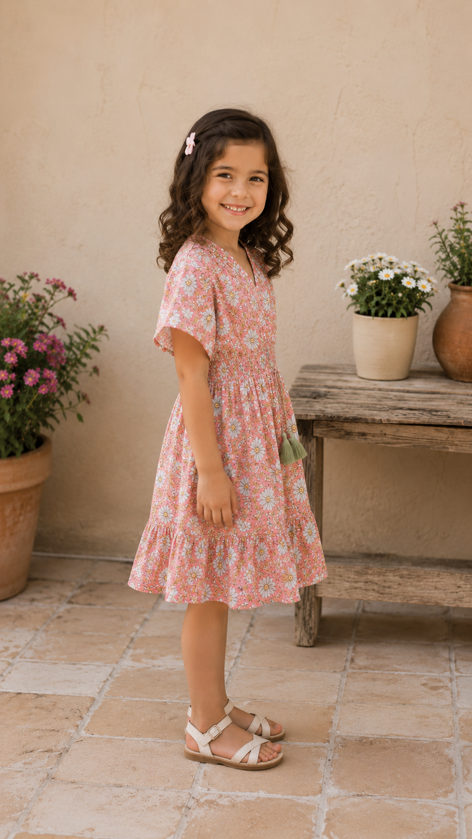 Baby Girls Peach Floral Printed Smocked Waist Flared Dress