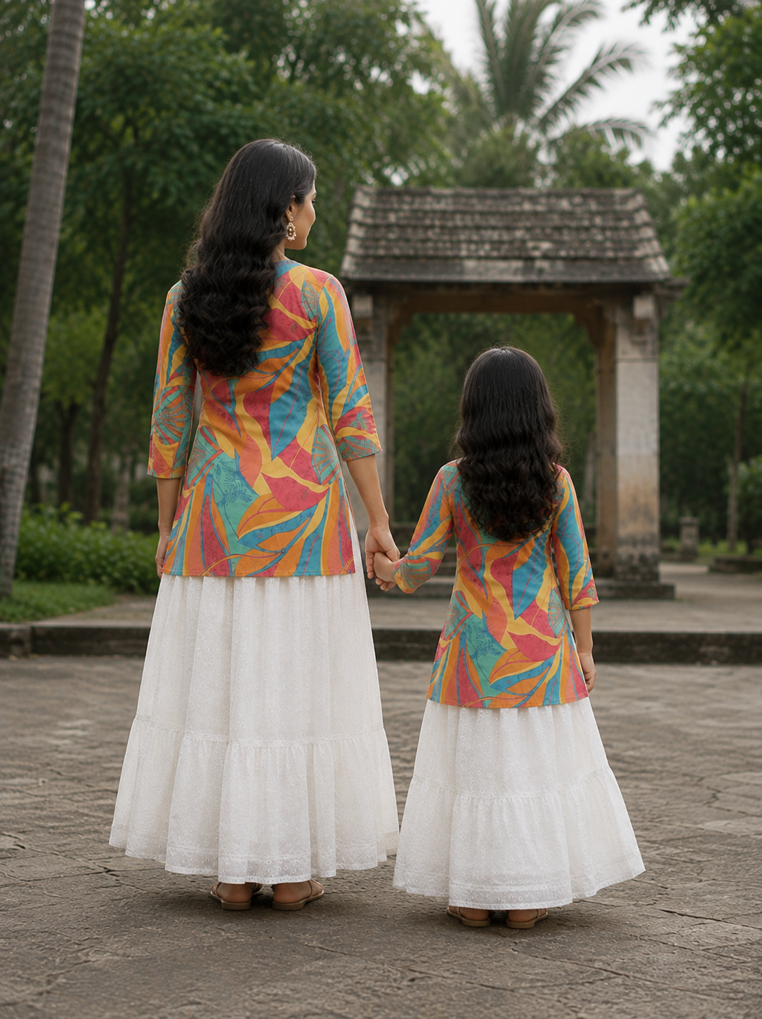 Mom & Daughter Multicolor Printed Kurta with White Tiered Skirt Set