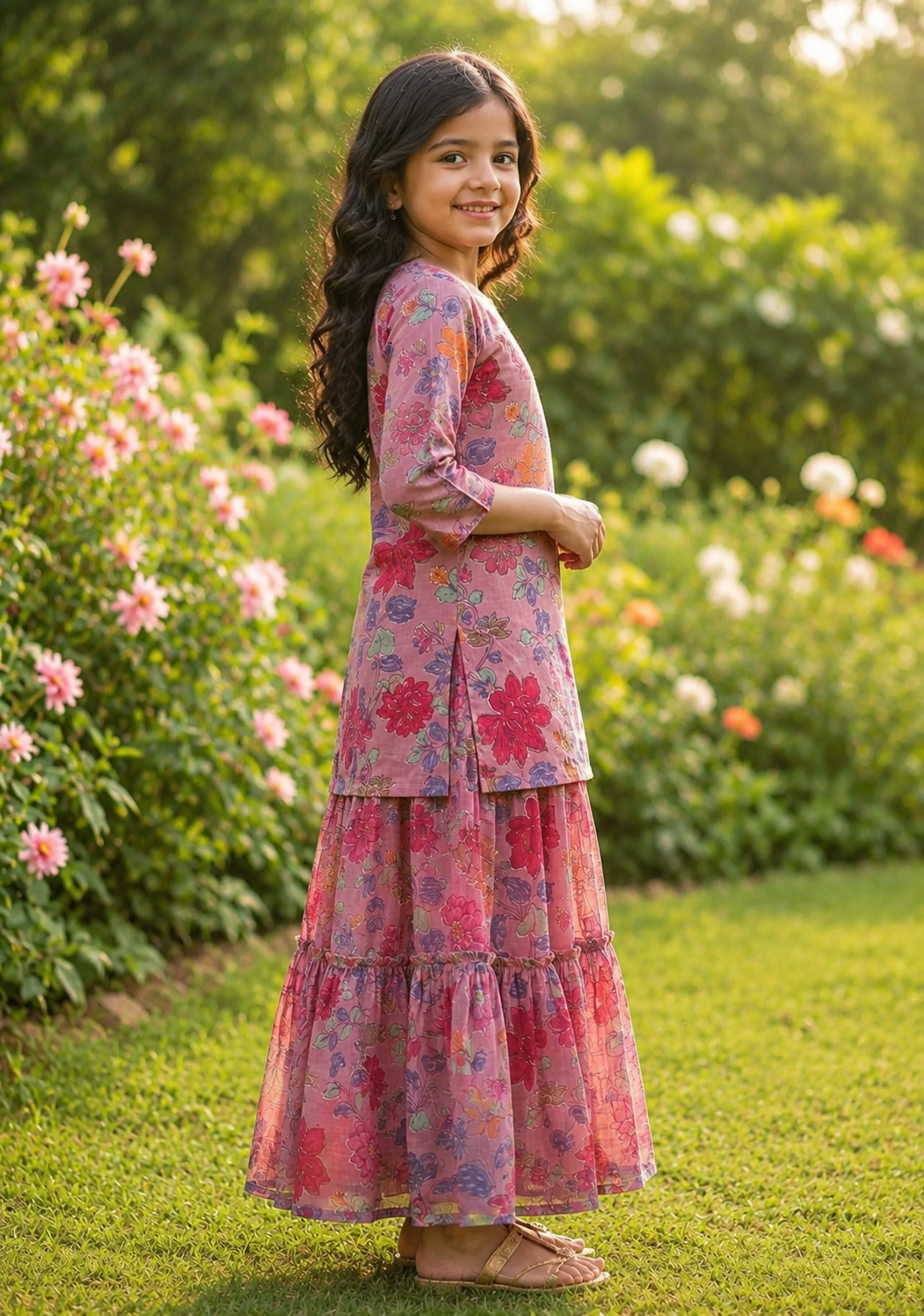 Girl's Pink Floral Printed Kurta with Matching Tiered Flared Skirt Co-ord Set
