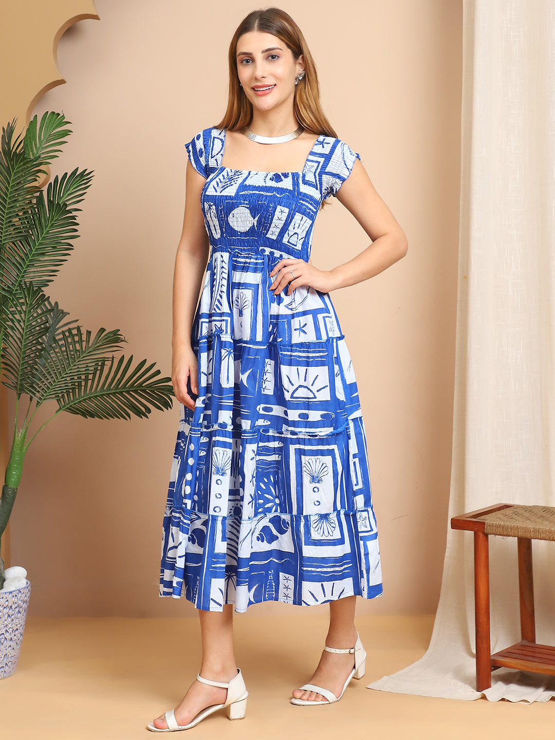 Aawari Oceanic Blue Abstract Printed Cotton Midi Dresses