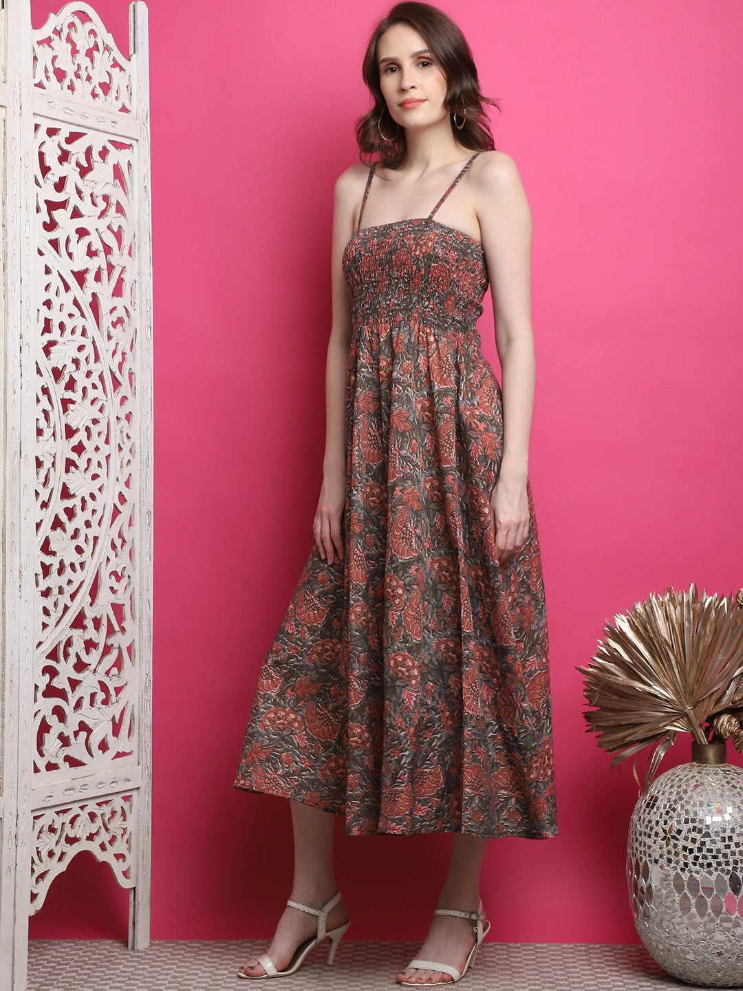 Aawari Women Chanderi Printed Dress With Shrug