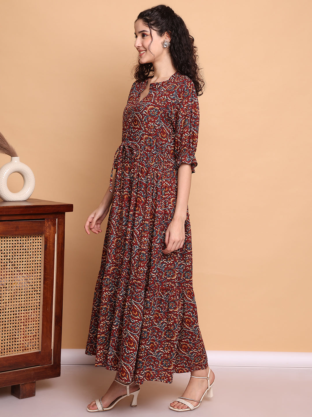 Aawari Women’s Rayon Maroon Paisley Printed Maxi Dresses with 3/4 Ruffle Sleeves