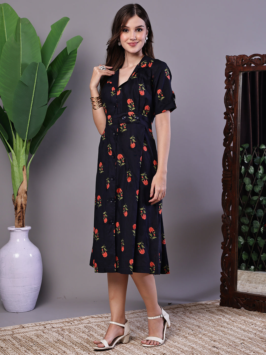 Aawari Elegant Indigo & Orange Floral Block Print Cotton Shirt Dress - Midi Dresses /  Western Wear / Dresses