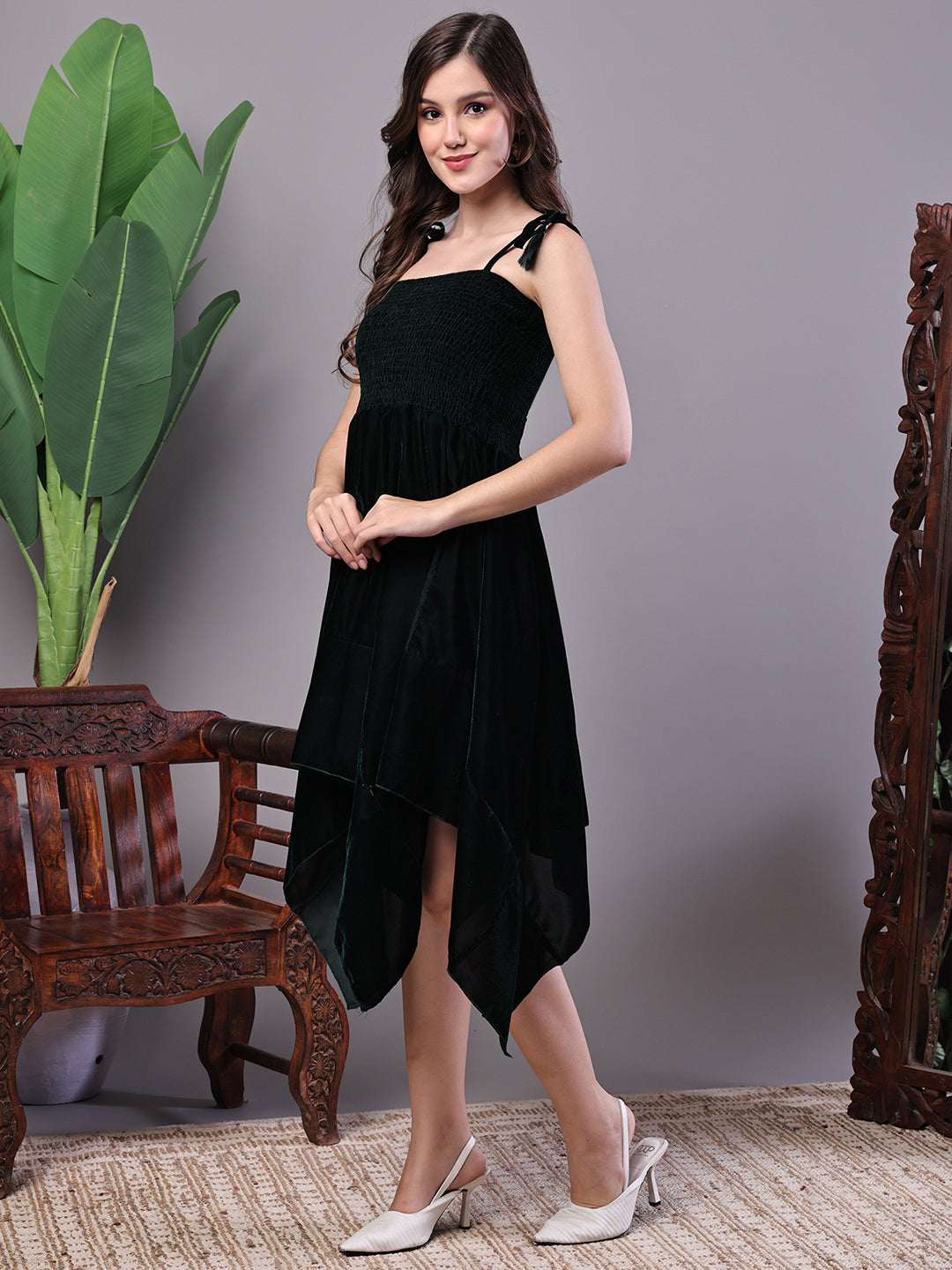 Aawari Bottle Green Junglee Pattern Velvet Handkerchief Hem Dress - Midi Dresses / Western Wear