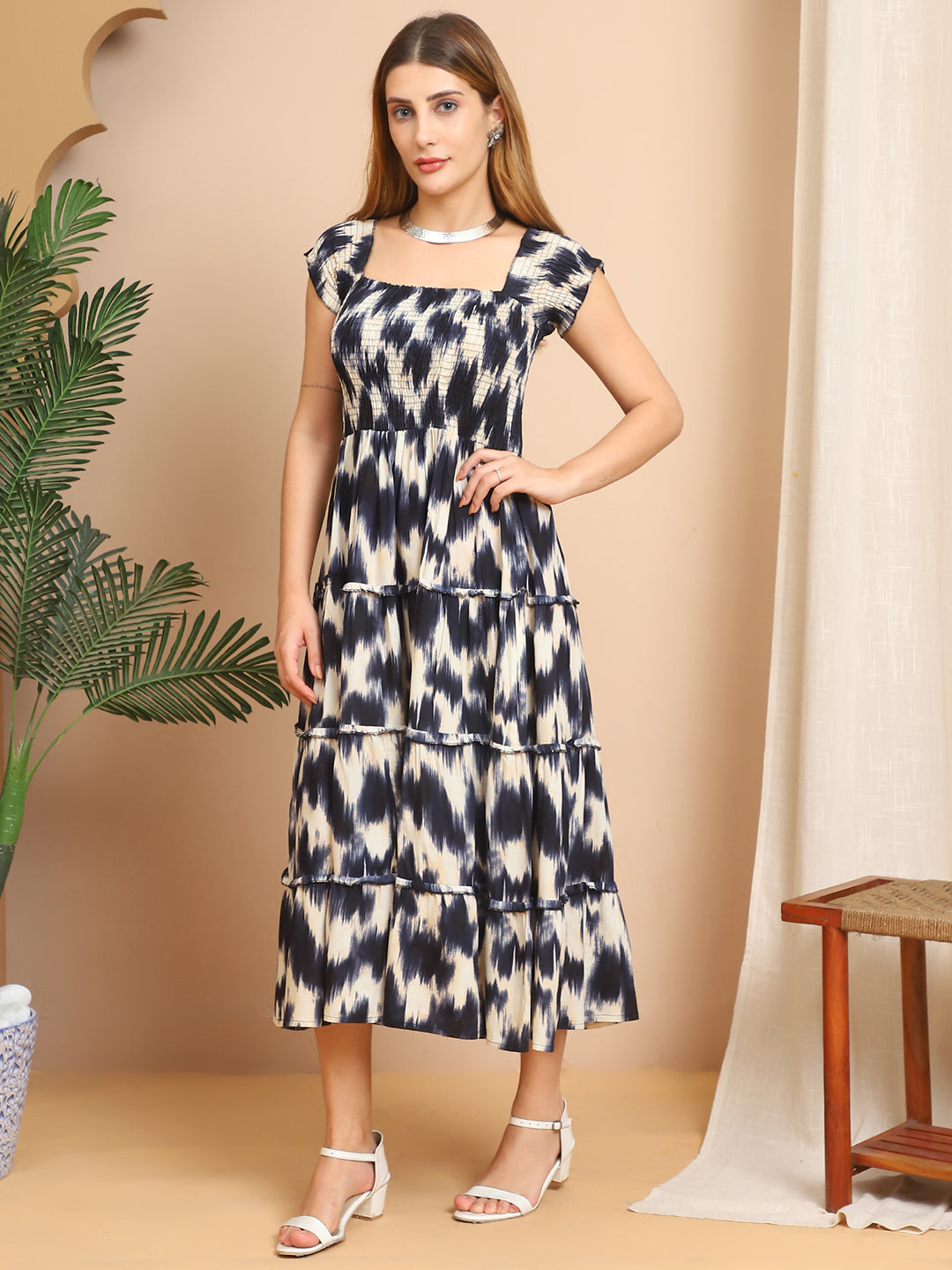 Aawari Black & White Ikat Print Rayon Smocked Dresses / Maxi Dresses / Western Wear