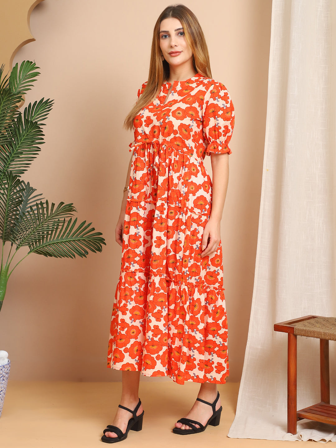 Aawari Orange & White Floral Cotton Tiered Maxi Dress - Dresses / Maxi Dresses / Western Wear
