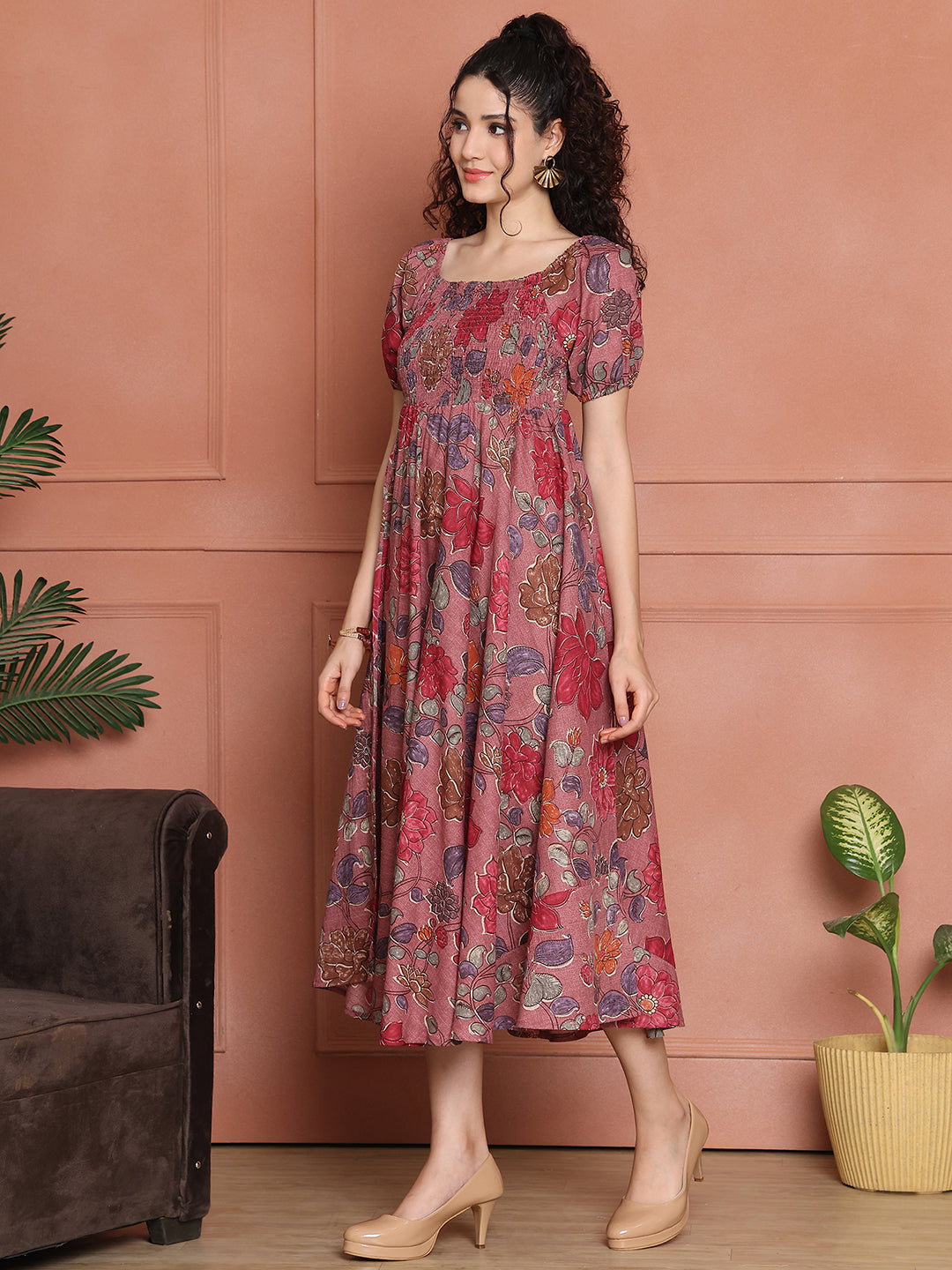 Aawari Unique Cotton Printed Off Shoulder Dress