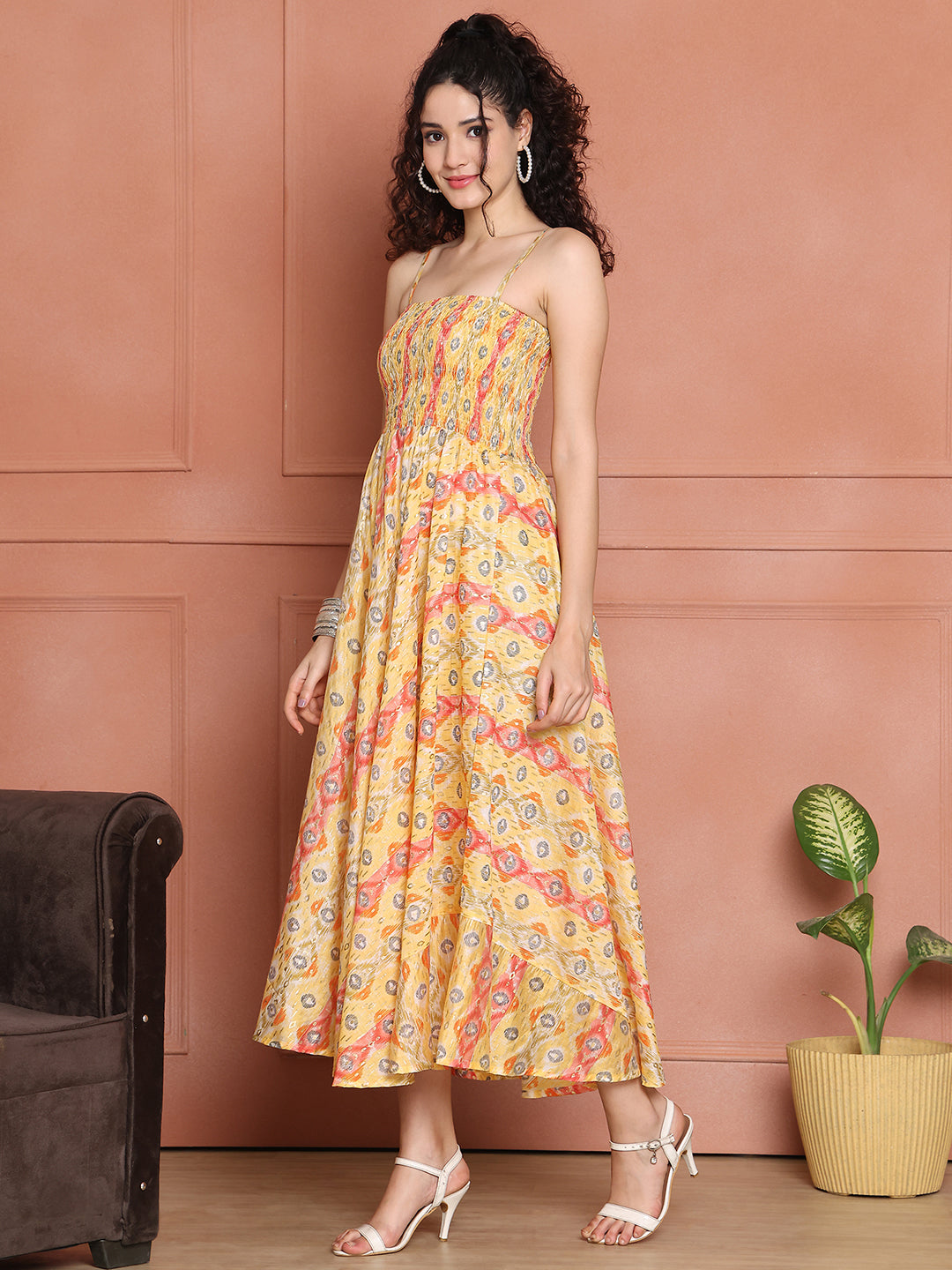 Aawari Silk Unique Printed Spaghetti Strap Dress - Western wear