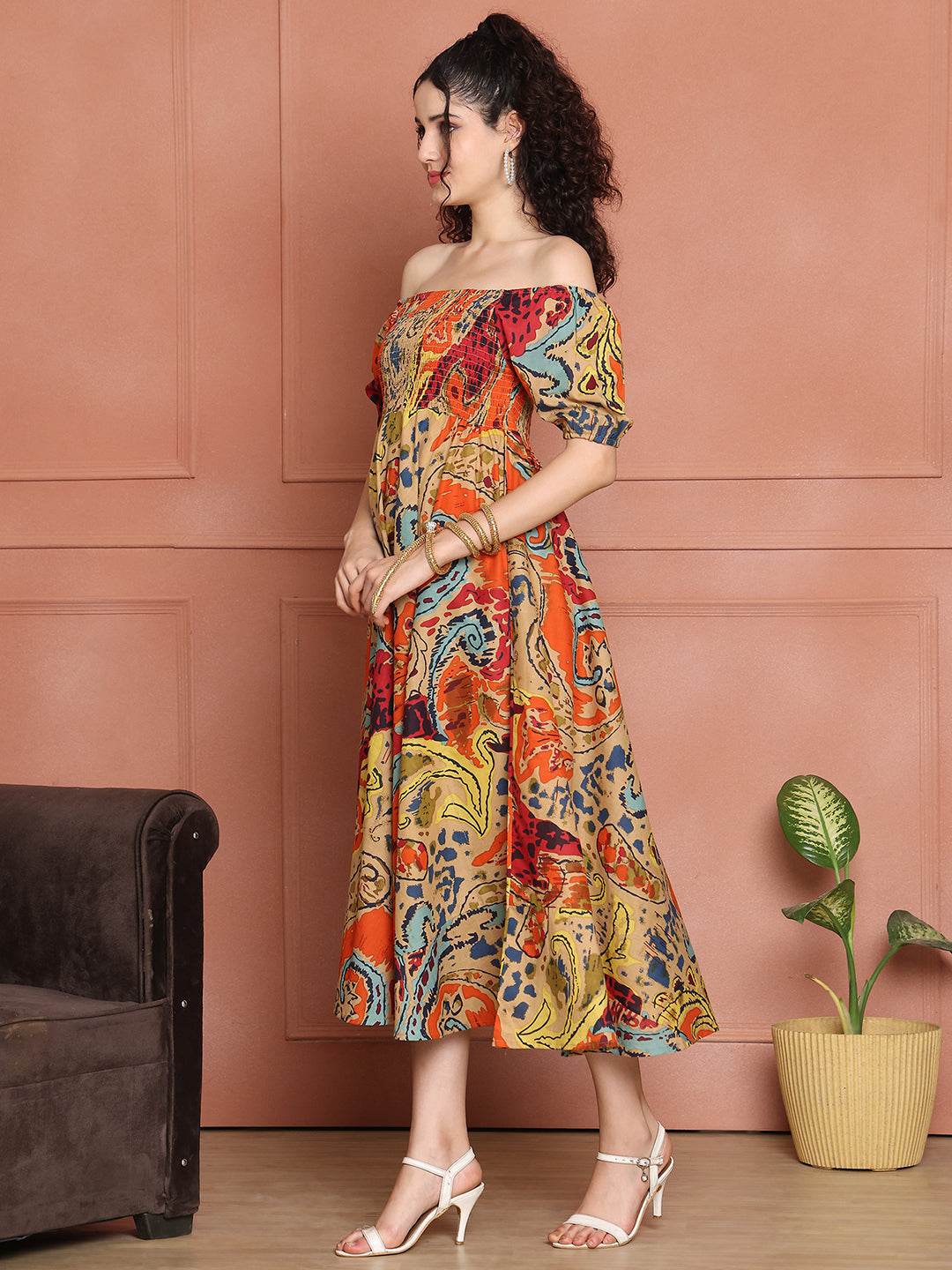 Aawari Unique Cotton Printed Off Shoulder Dress