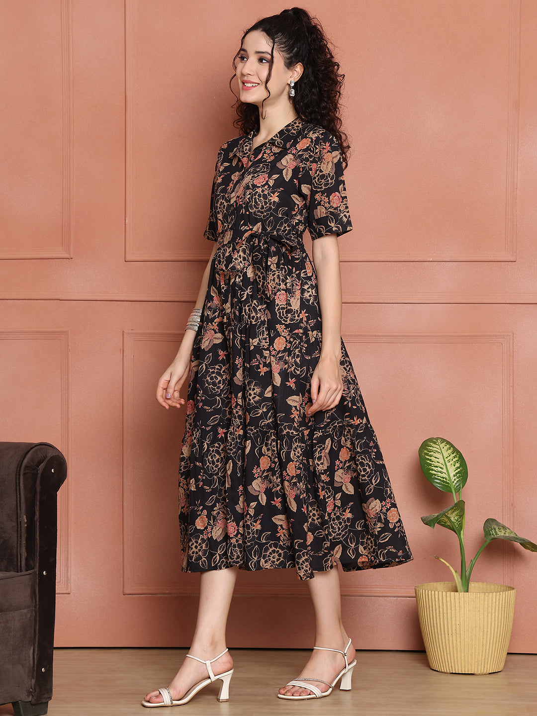 Aawari Black Floral Print Shirt Dresses With Waist Tie-Up