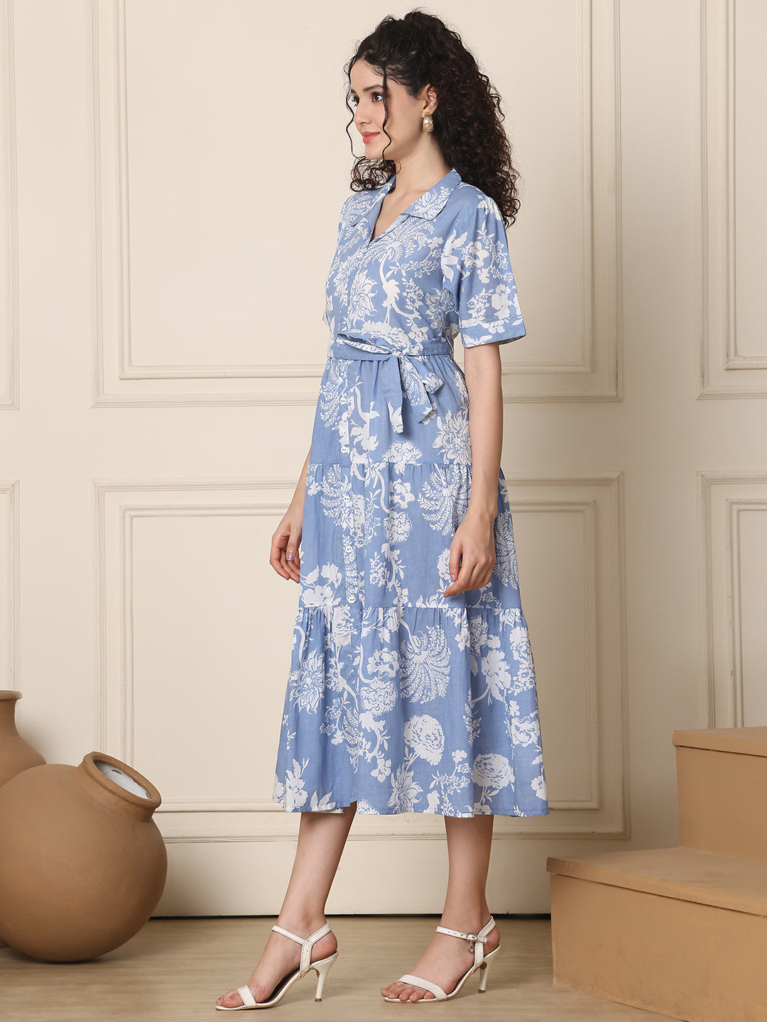 Aawari Cotton Printed Shirt Collar Dress