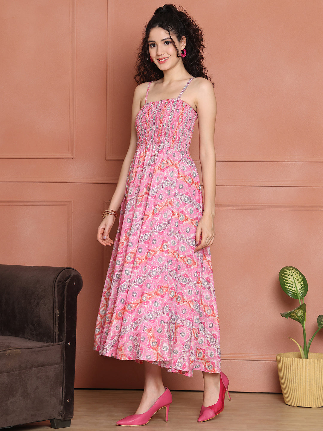 Aawari Silk Unique Printed Spaghetti Strap Dress - Western wear