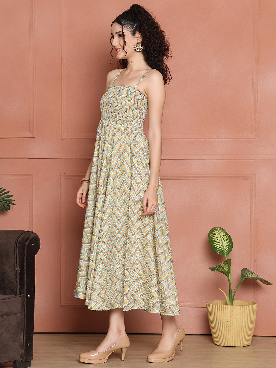 Aawari Cotton Unique Printed Spaghetti Strap Dress - Western Wear