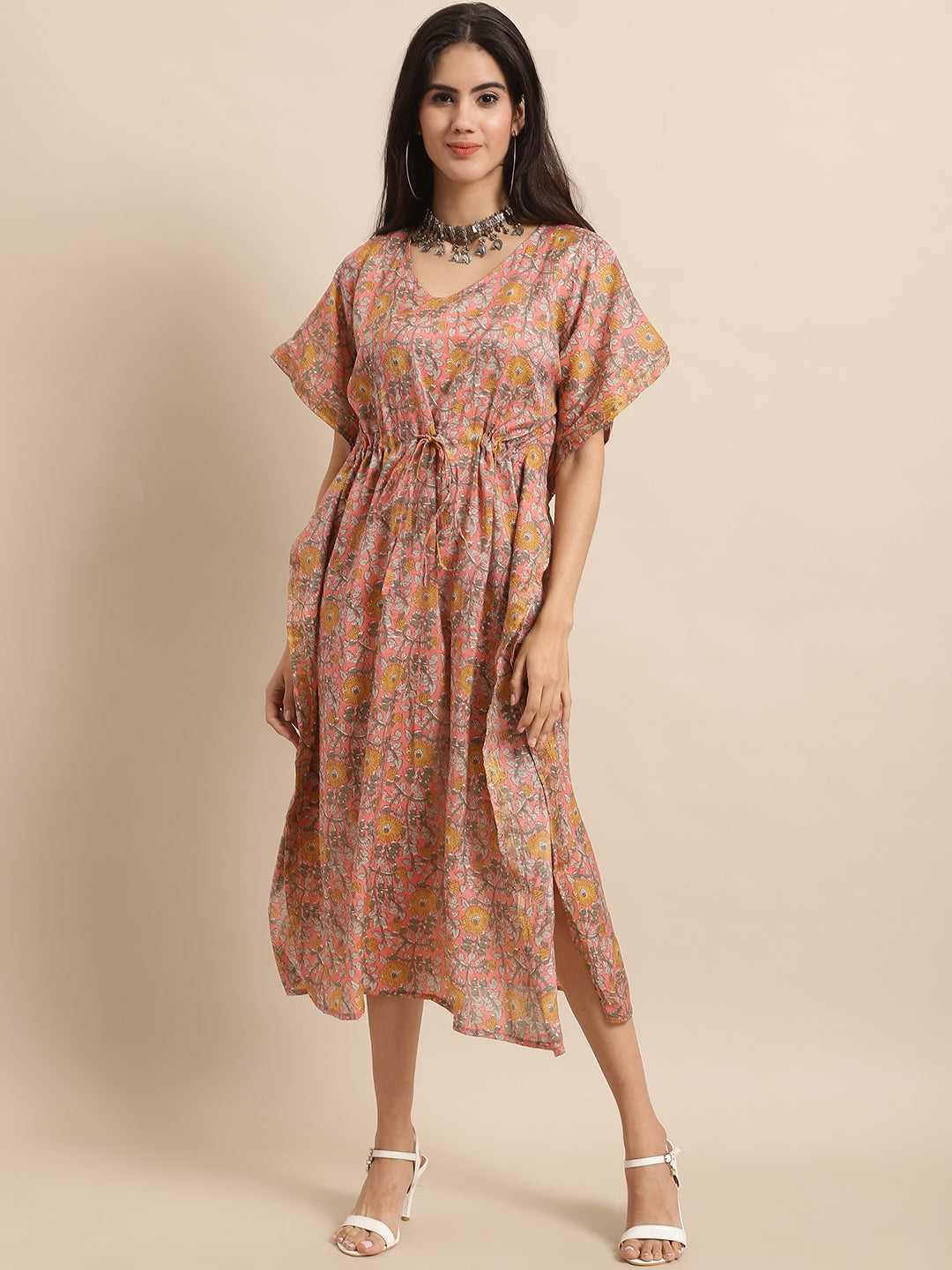Chanderi Floral Printed Tie-Up Kaftan Gown
