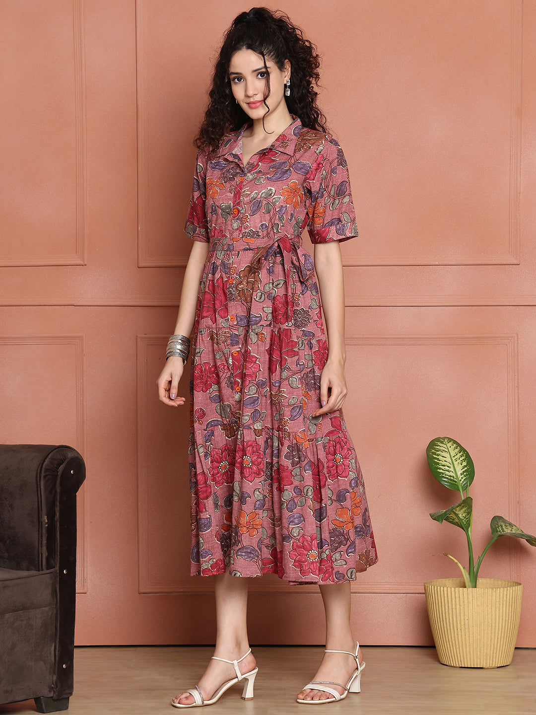 Aawari Cotton Printed Shirt Collar Dress