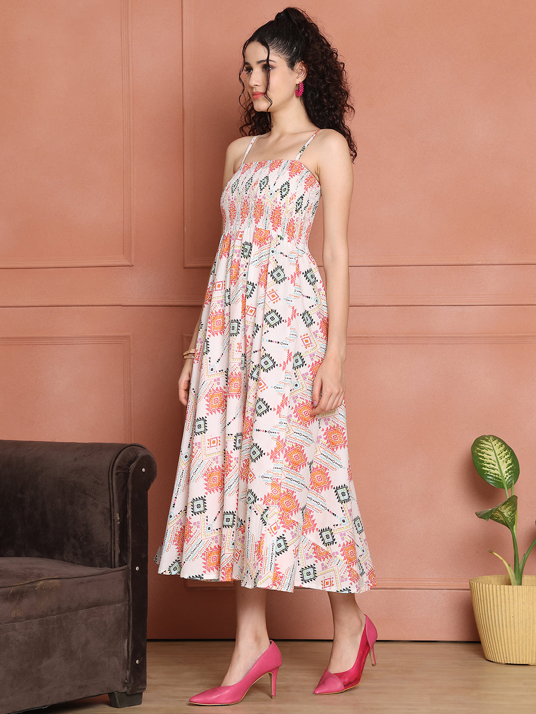 Aawari Cotton Unique Printed Spaghetti Strap Dress - Western wear