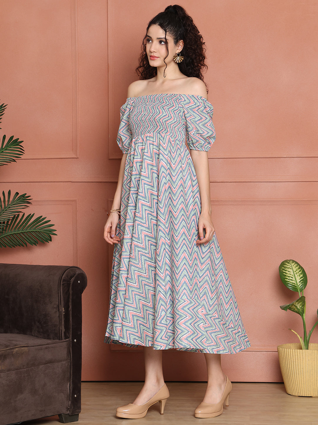 Aawari Unique Cotton Printed Off Shoulder Dress