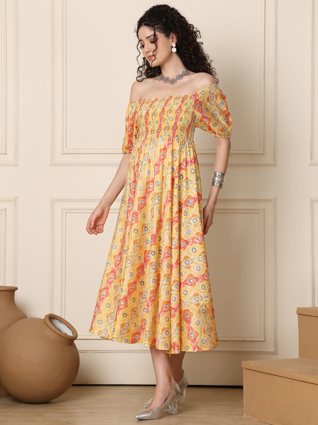 Aawari Chanderi Unique Printed Off Shoulder Dress