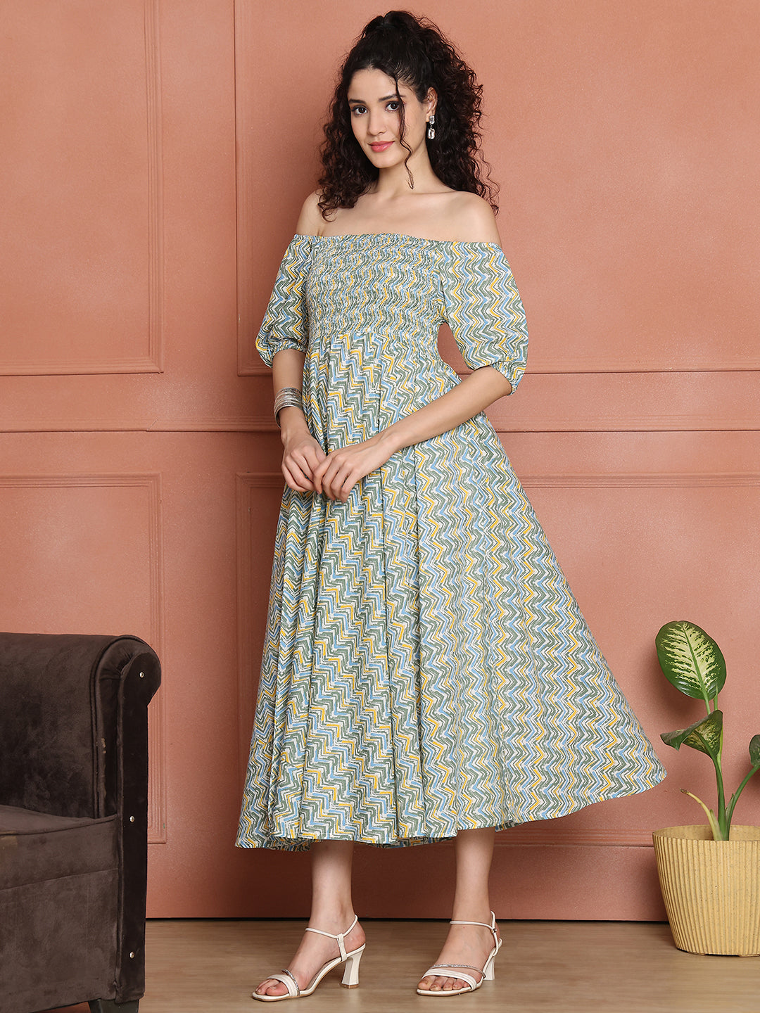 Aawari Unique Cotton Printed Off Shoulder Dress
