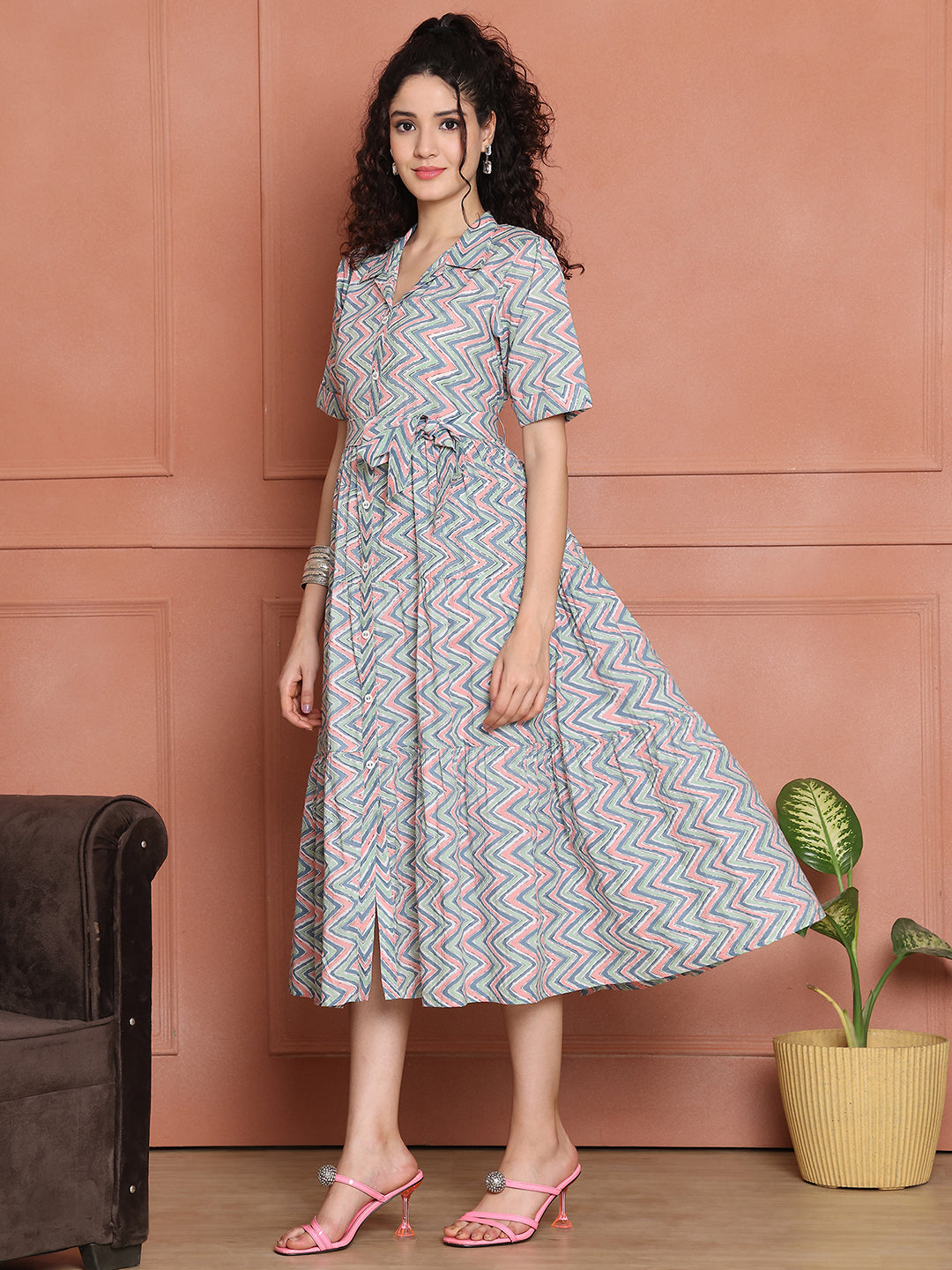 Aawari Cotton Printed Shirt Collar Dress