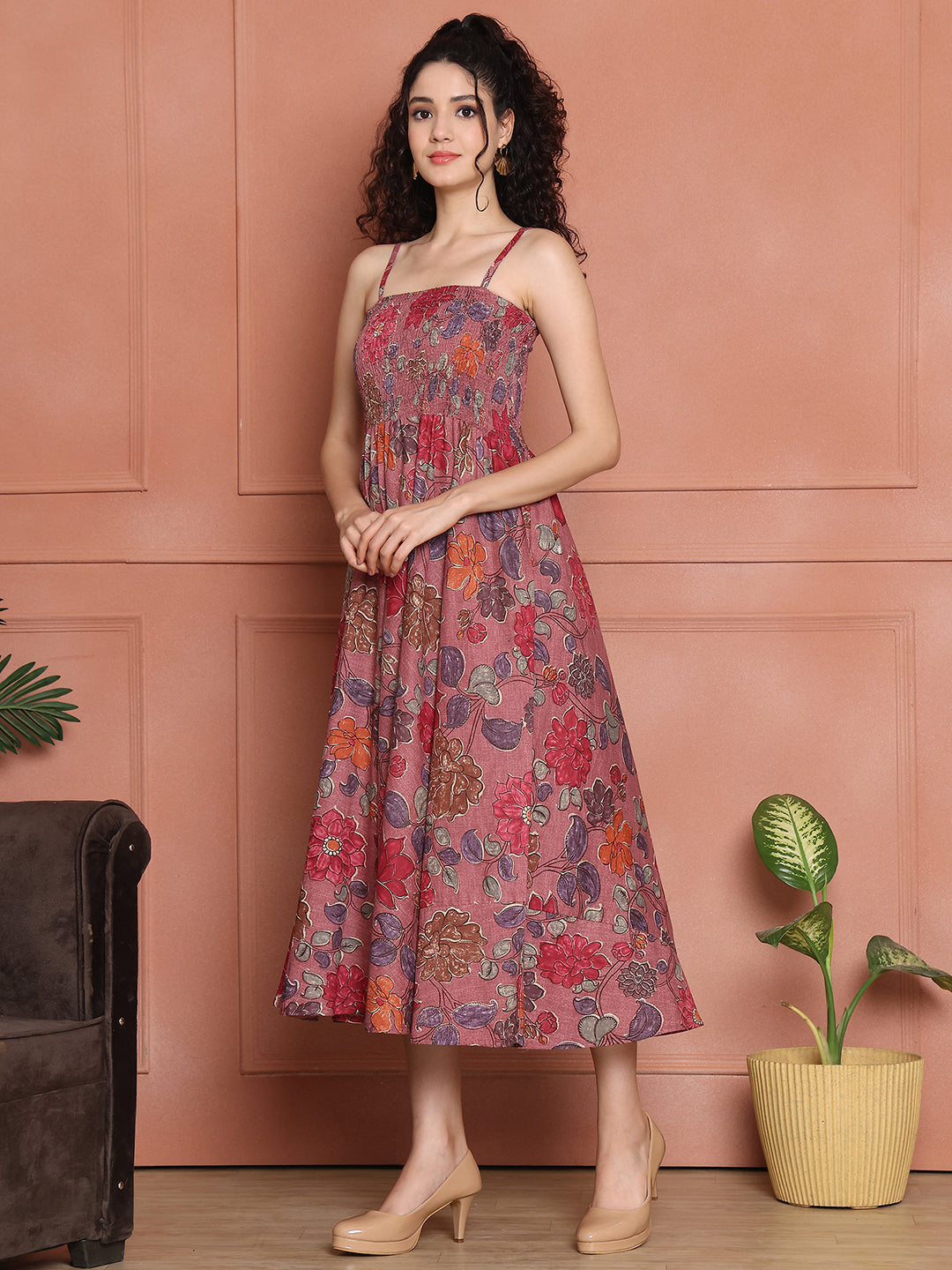 Aawari Cotton Unique Printed Spaghetti Strap Dress - Western wear