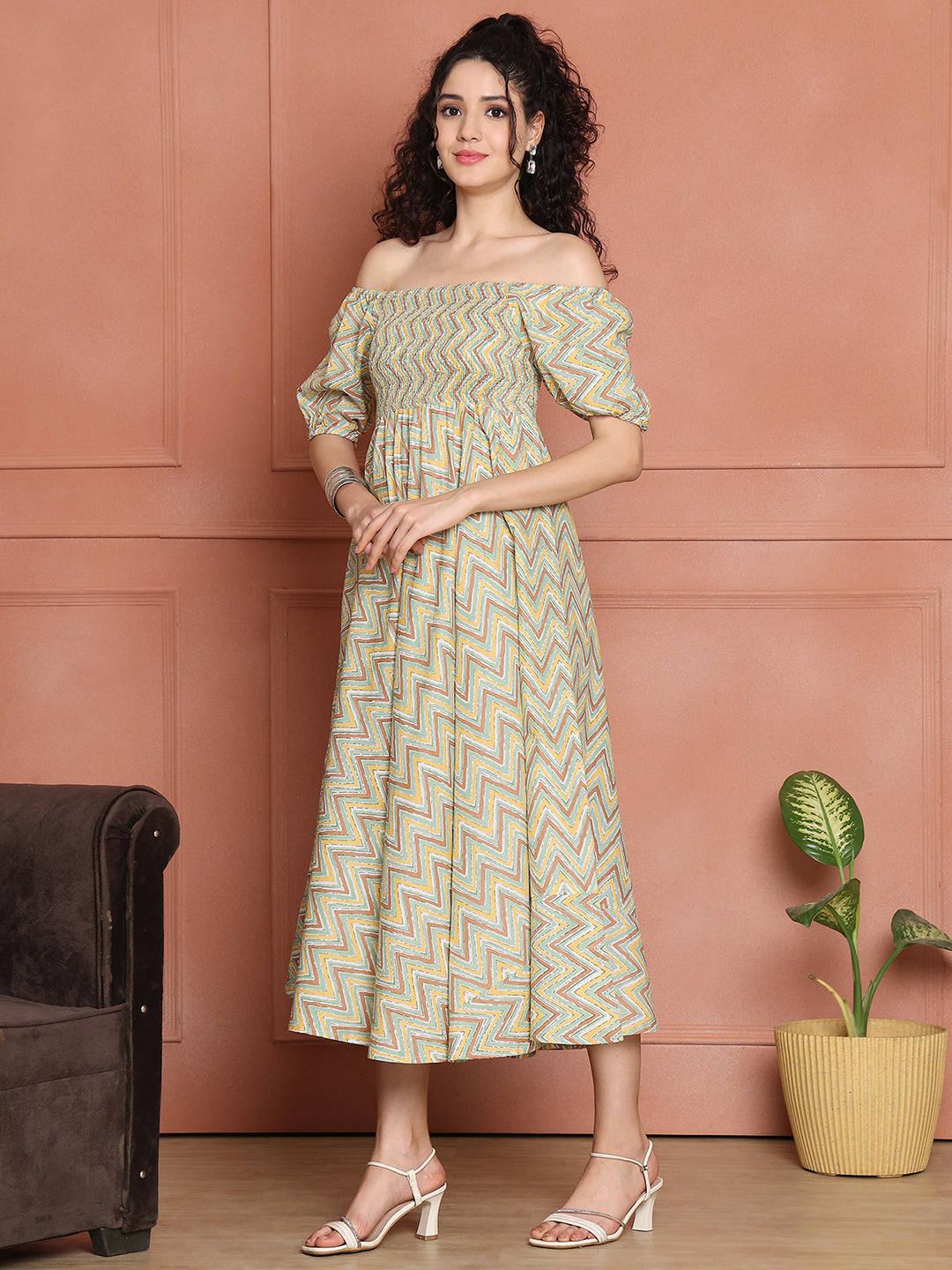 Aawari Unique Cotton Printed Off Shoulder Dress