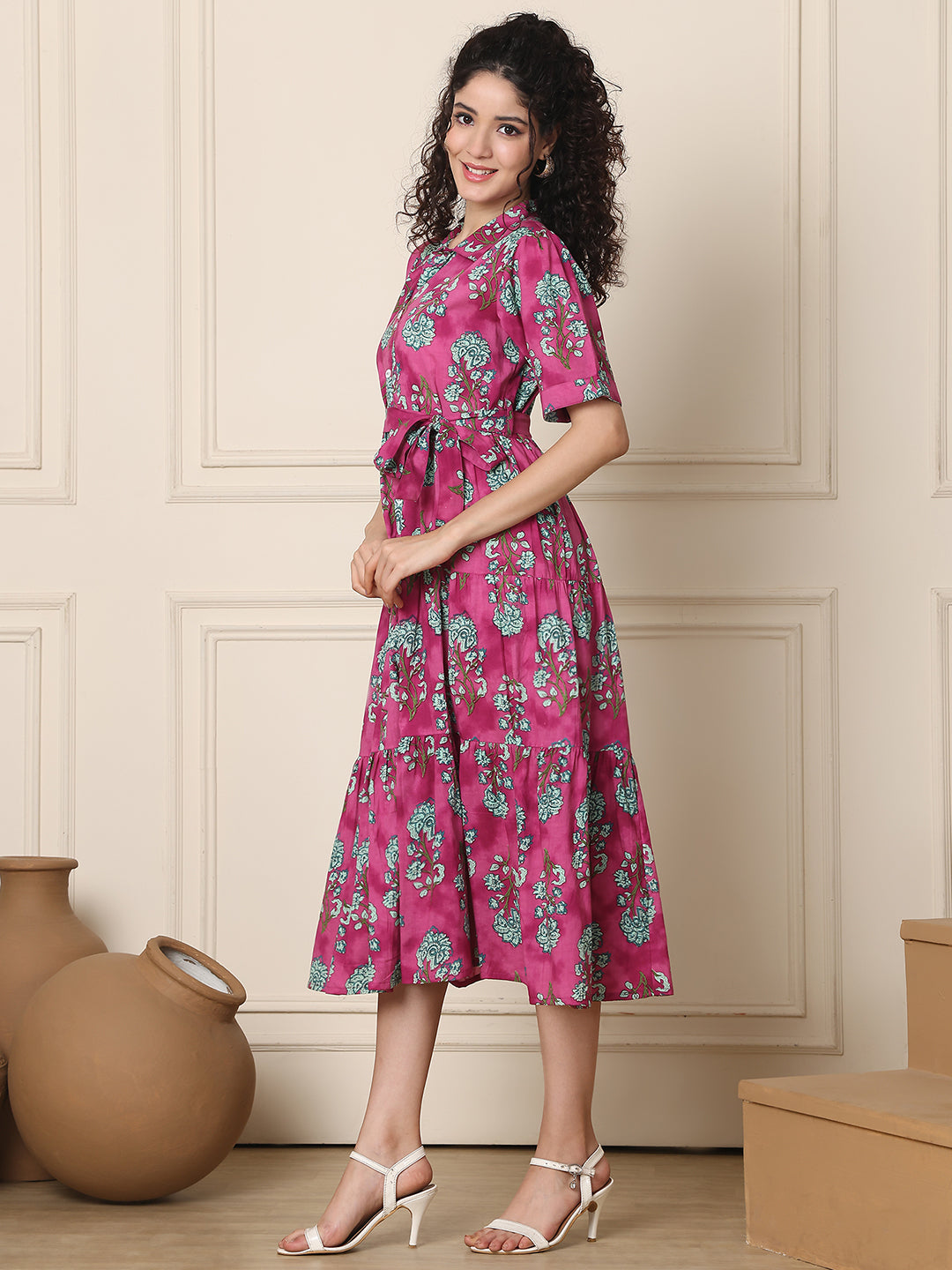 Aawari Cotton Printed Shirt Collar Dress