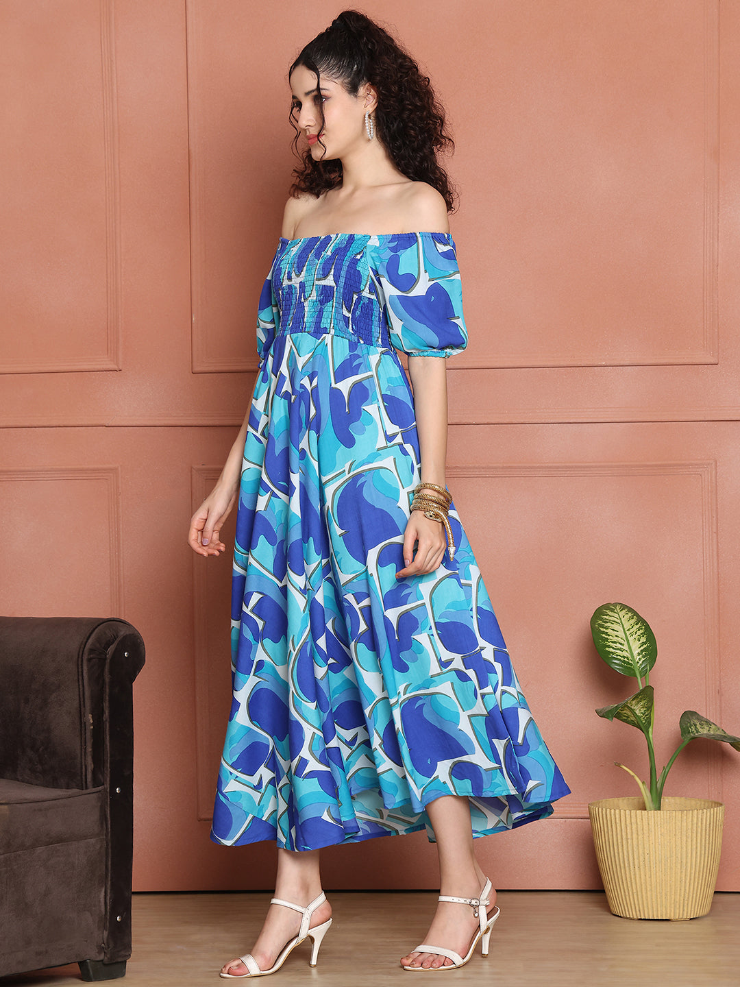 Aawari Ocean Blue Rayon Printed Off Shoulder Dresses