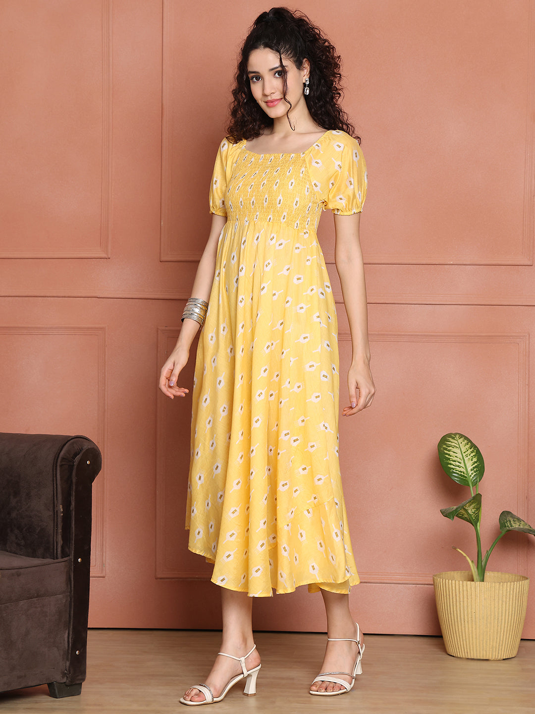 Aawari Chanderi Unique Printed Off Shoulder Dress