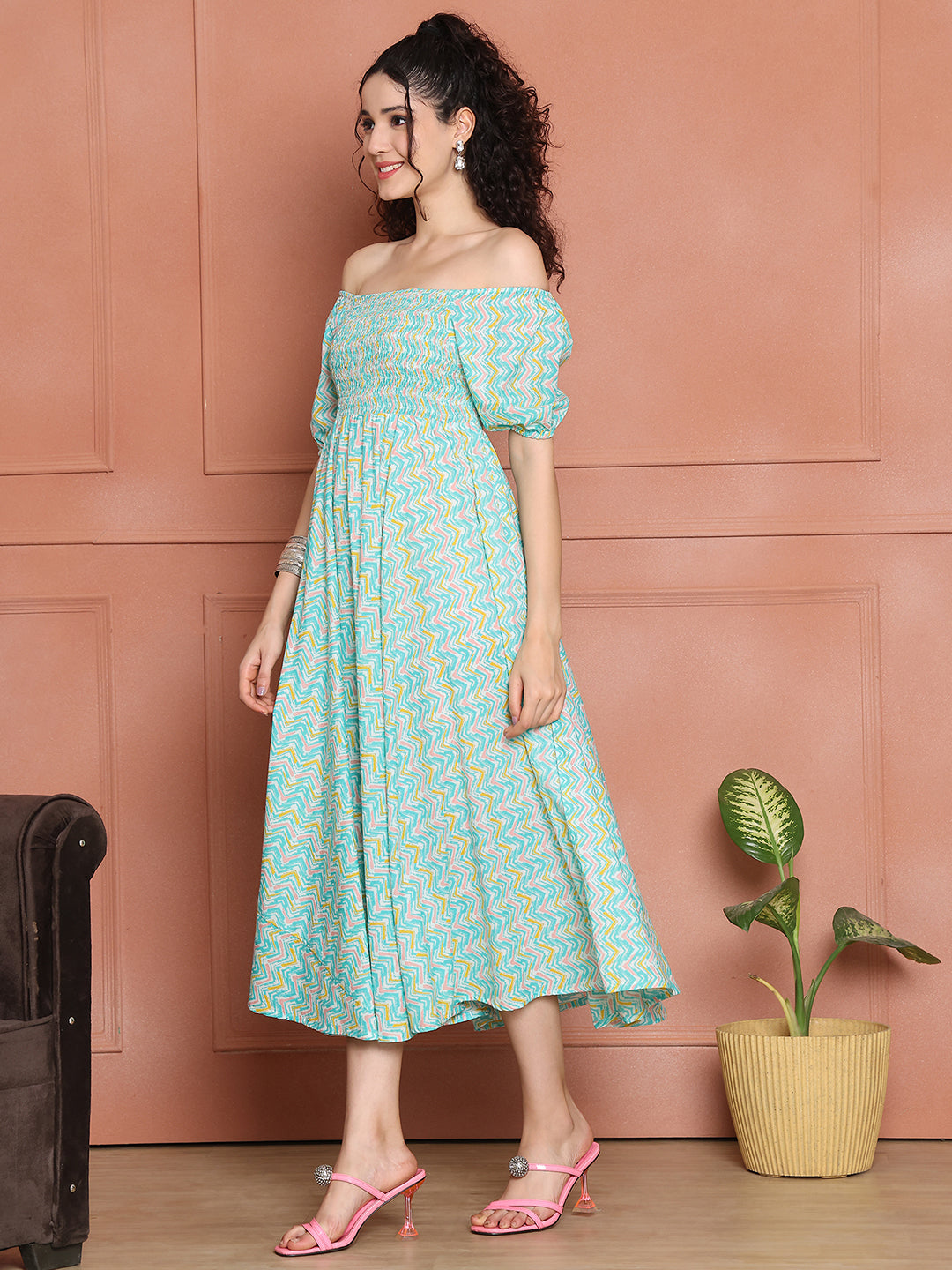 Aawari Unique Cotton Printed Off Shoulder Dress