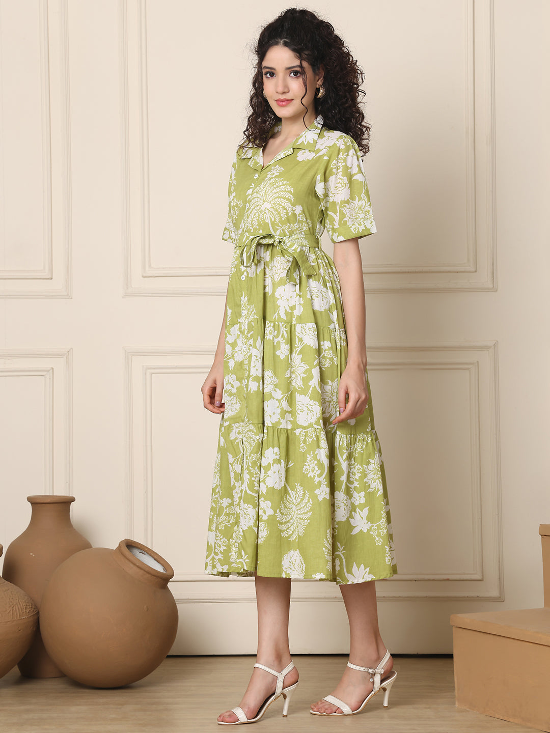 Aawari Olive Green Floral Shirt Dresses With Waist Tie-Up
