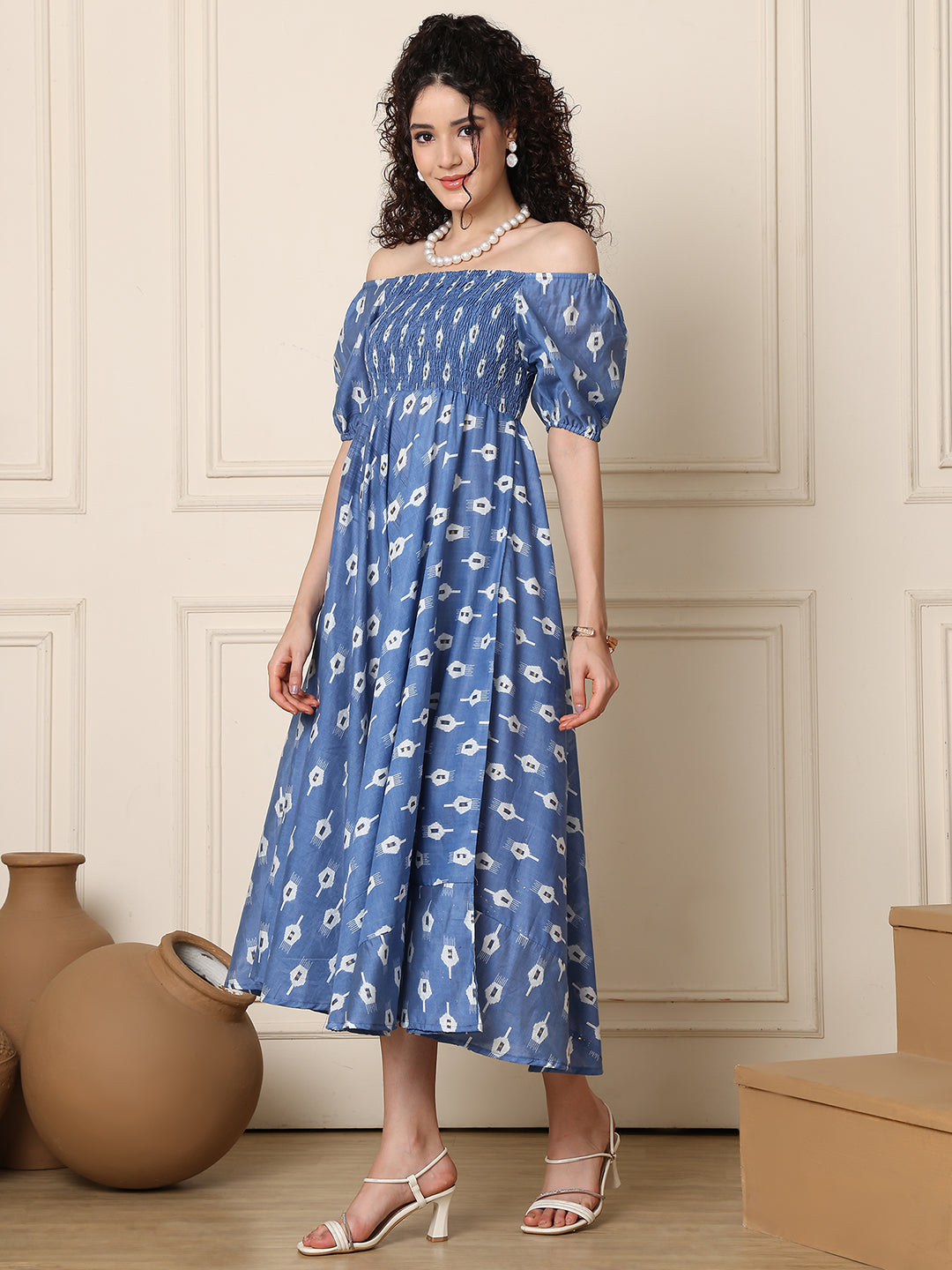Aawari Chanderi Unique Printed Off Shoulder Dress