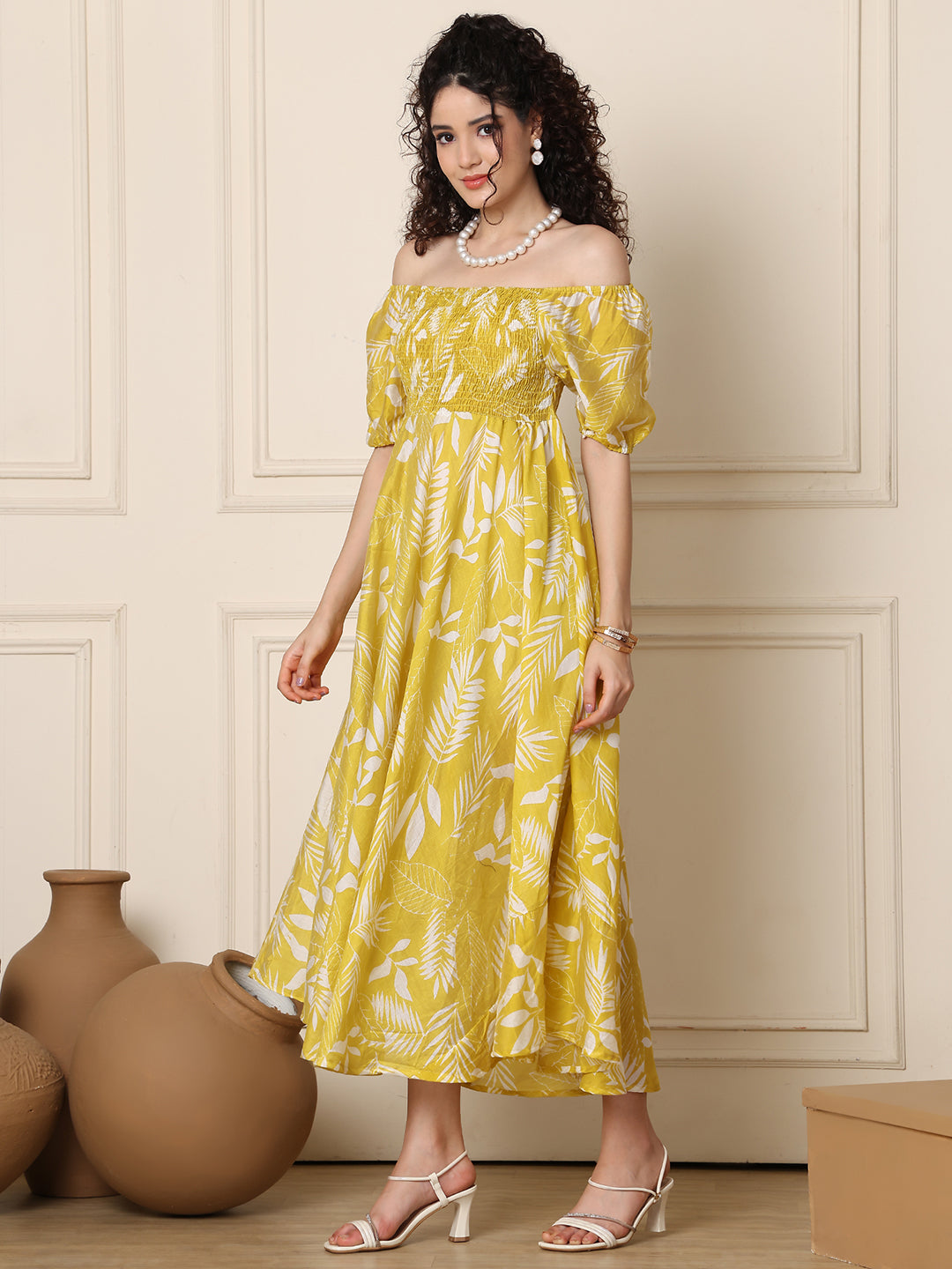 Aawari Unique Cotton Printed Off Shoulder Dress