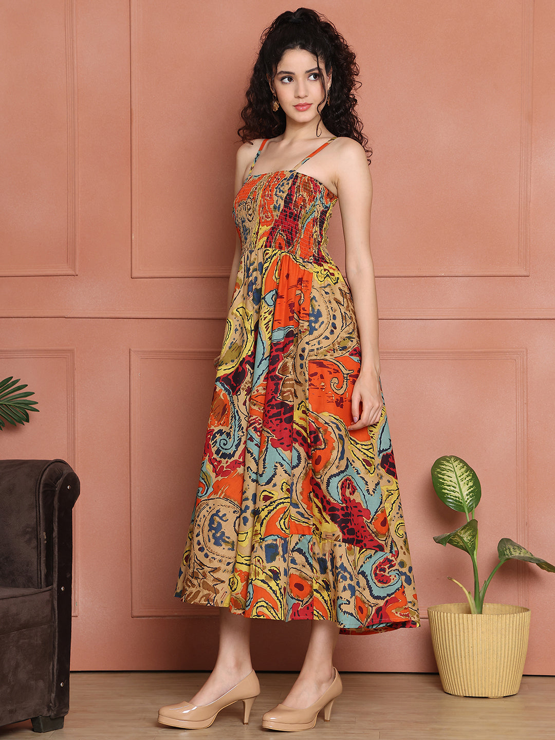 Aawari Cotton Unique Printed Spaghetti Strap Dress - Western wear
