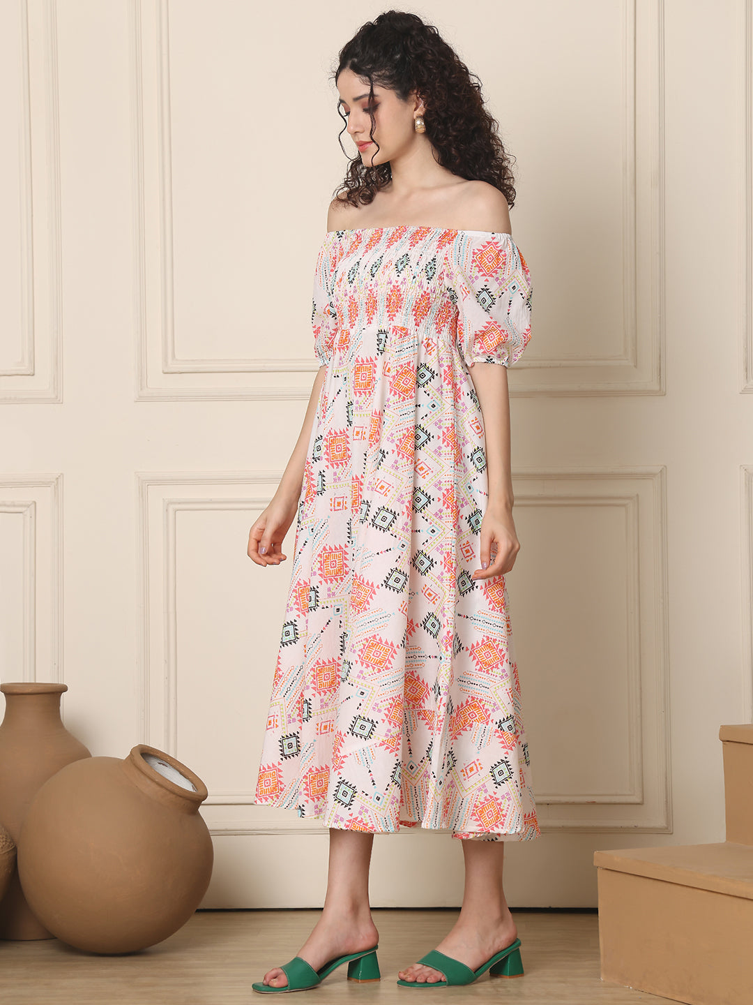 Aawari Unique Cotton Printed Off Shoulder Dress