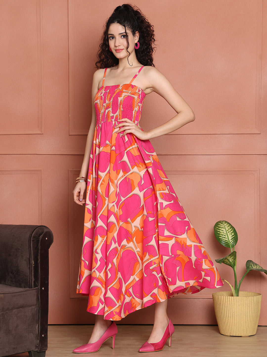 Aawari Rayon Printed Unique Spaghetti Strap Dress - Western Wear